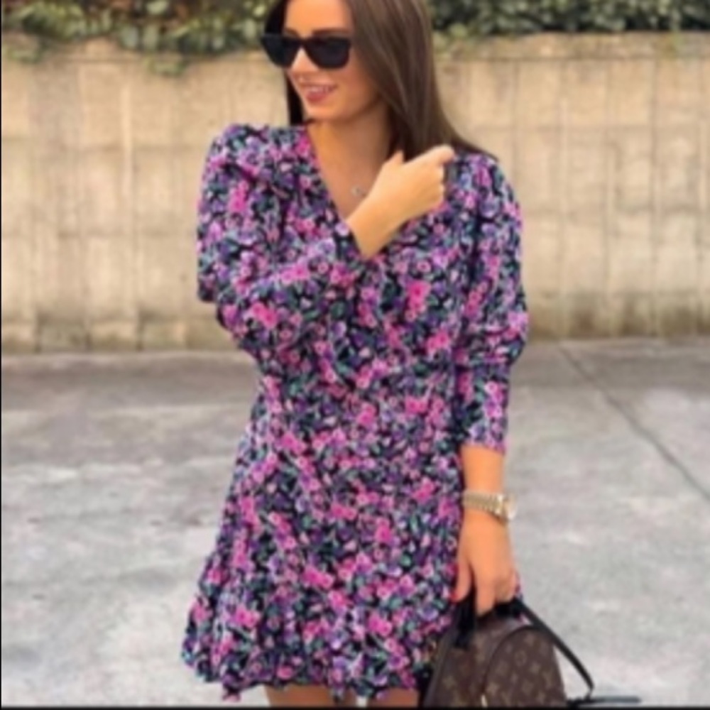 Zara floral pink purple long sleeve ruffle faux wrap mini dress women’s xs